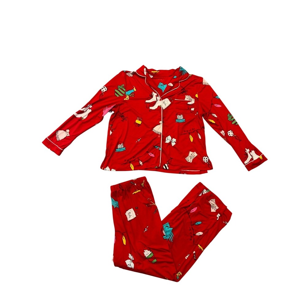 kate spade Red Holiday Print Women's Pajama Set Sz XL Christmas bow skates dogs